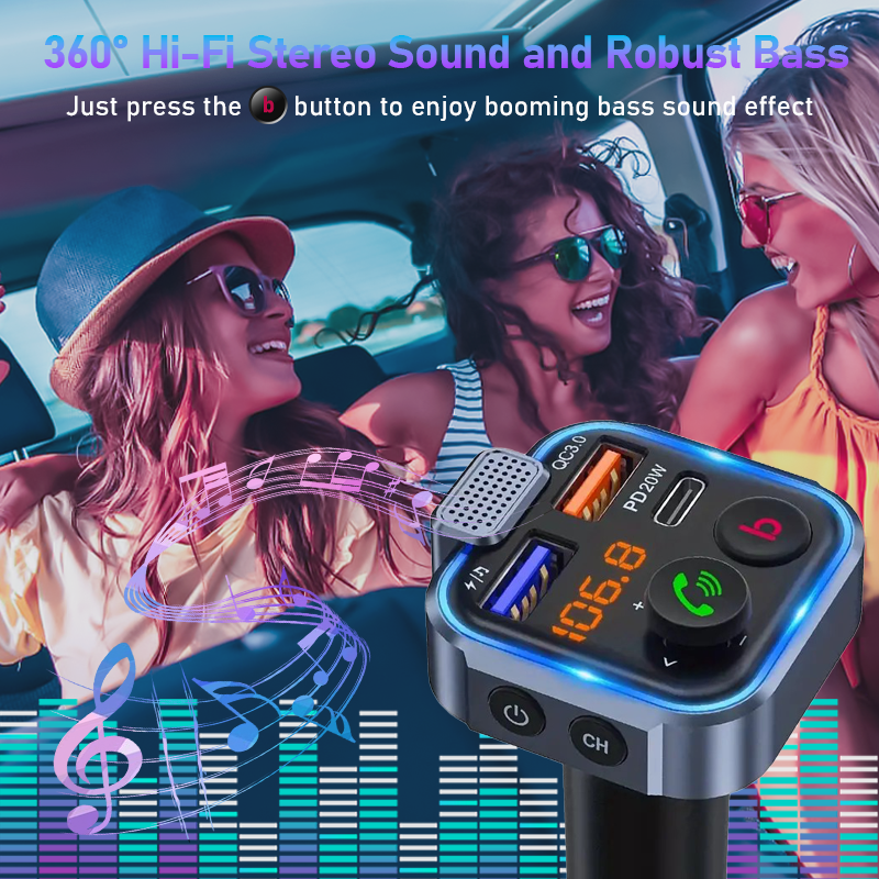 Mpow Bluetooth 5.3 Car FM Transmitter - Hi-Fi Music, Dual Mic Noise Cancellation, 20W PD Fast Charge