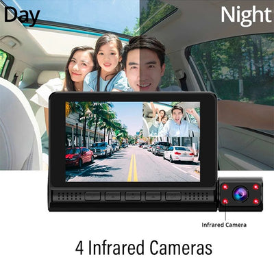 Mpow 4-inch 3-lens touchscreen dashcam with 1080P Full HD, 170° wide-angle, parking monitoring, low-light and night vision, and multiple languages