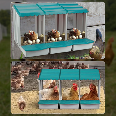 Mpow One-piece chicken nest, available in one or three sets, with automatic egg collection. Made of galvanized steel, easy to assemble, comfortable and safe for hens to lay eggs.