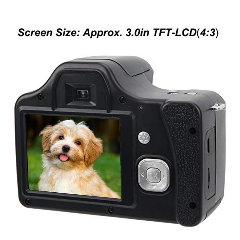 Mpow 16-megapixel camera with 16x digital zoom, 2.4-inch screen, 32GB memory card included, and multi-language support