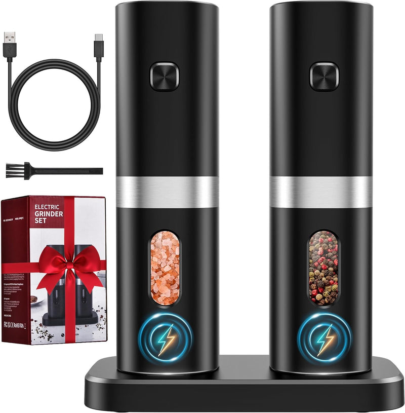 Electric Salt & Pepper Grinder Set - Rechargeable, Adjustable Coarseness, 70ml Container, LED Light, One-Hand Operation