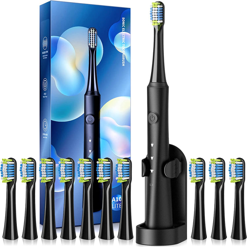 Sonic Electric Toothbrush for Adults with Holder and 10 Brush Heads, Rechargeable Sonic Toothbrush Fast 2 Hr Charge Last 35 Days, 40000 VPM and 3 Modes - Black