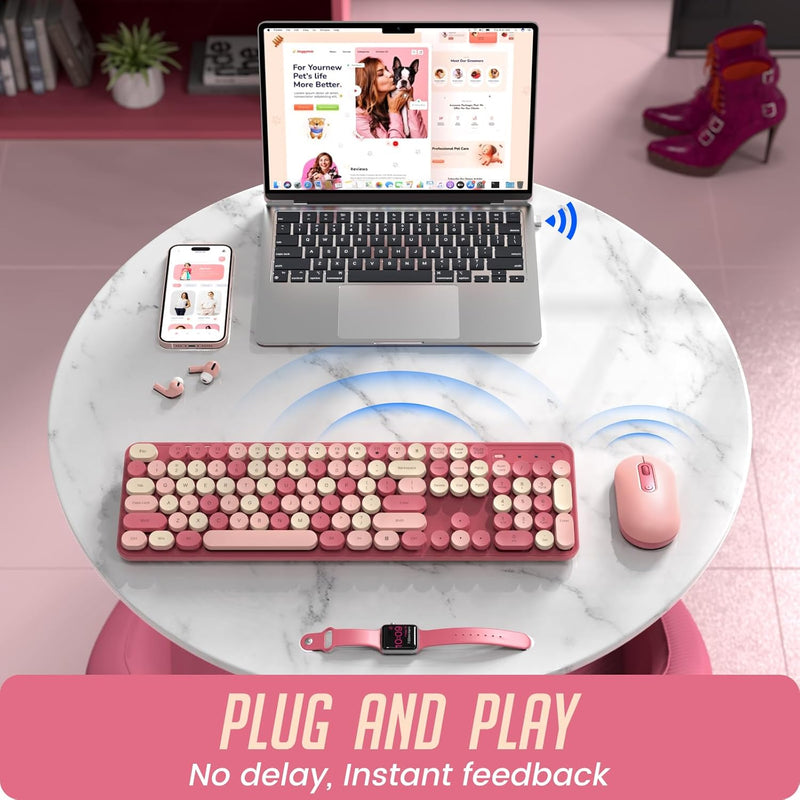 Wireless Keyboard and Mouse, Silent Keyboard Mouse Combo, Full-Sized Colorful Typewriter Keyboard with Round Keycaps, 2.4G Cute Mouse Compatible with PC/Laptop/Computer