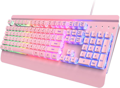 Metal Gaming Keyboard, Rainbow LED Backlit Silent Keyboard with Wrist Rest