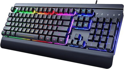 Metal Gaming Keyboard, Rainbow LED Backlit Silent Keyboard with Wrist Rest