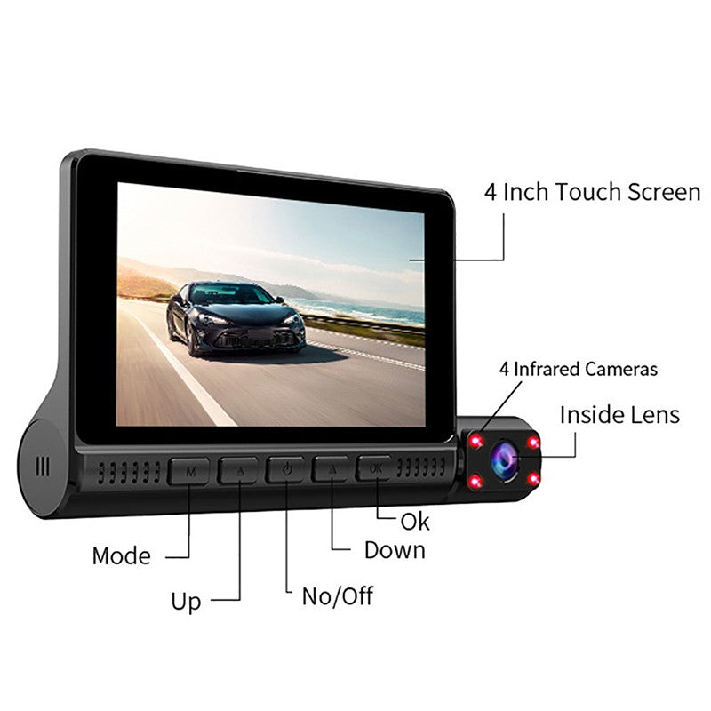 Mpow 4-inch 3-lens touchscreen dashcam with 1080P Full HD, 170° wide-angle, parking monitoring, low-light and night vision, and multiple languages