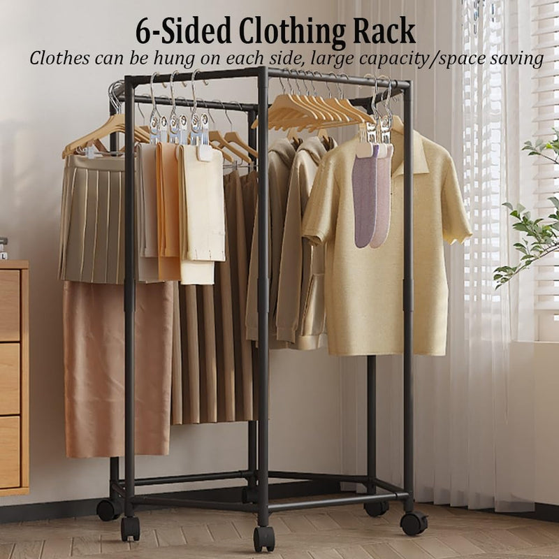 Mpow Hexagonal Floor-Mounted Clothes Rack with 360-Degree Rotation and Wheels for Commercial and Home Use