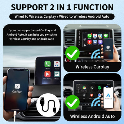 Mpow Wired to Wireless CarPlay/Android Auto Adapter: Plug-and-Play, 5.8GHz High-Speed Transmission, Compatible with Multiple Phones