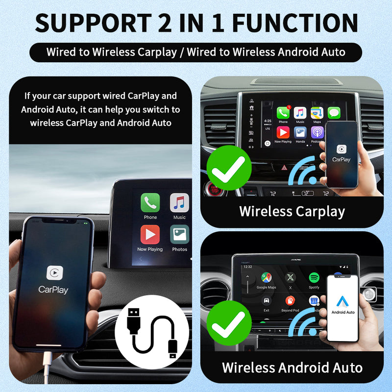 Mpow Wired to Wireless CarPlay/Android Auto Adapter: Plug-and-Play, 5.8GHz High-Speed Transmission, Compatible with Multiple Phones