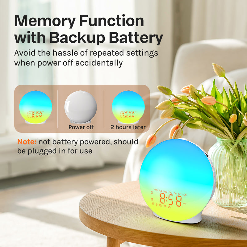 Mpow Wake up Light Sunrise Alarm Clock for Heavy Sleepers, Sleep Aid & Sound Machine, Sync Time with Bluetooth Connection, 25 Natural Sounds, Dual Alarms, 5-20min Snooze, FM Radio, Battery Backup