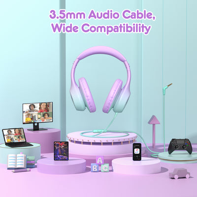 Mpow Kids Headphones with Microphone, 85/94dB Safe Volume Limit, over Ear Headphones for School Travel, Taro Purple & Mint Green