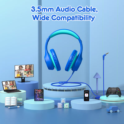 Mpow Kids Headphones with Microphone, 85/94dB Safe Volume Limit, over Ear Headphones for School Travel, Blue