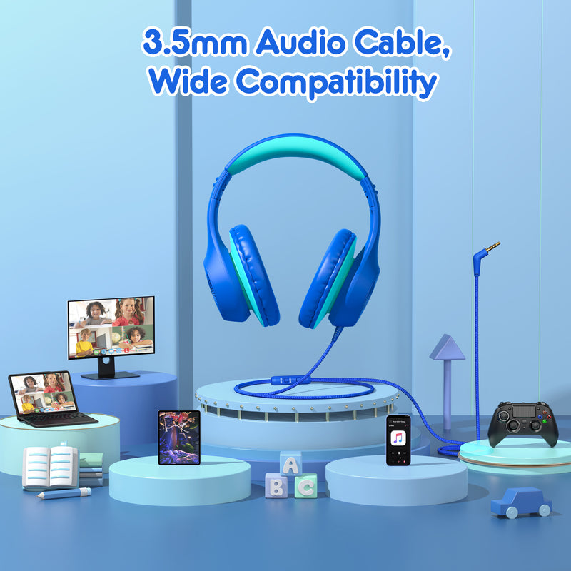 Mpow Kids Headphones with Microphone, 85/94dB Safe Volume Limit, over Ear Headphones for School Travel, Blue