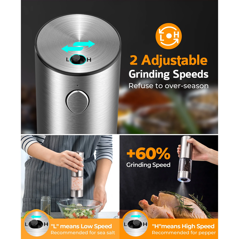 Electric Salt and Pepper Grinder Set, 6 Levels of Adjustable Coarseness, 95ml Auto Pepper Mill Grinder with 2*USB-C Charging Cable, 2 Grinding Speeds, LED White Light, for Kitchen & Outdoor, 2Pack