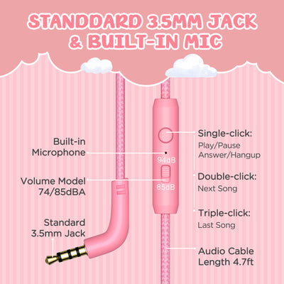 Mpow Kids Headphones with Microphone, 85/94dB Volume Limit, Foldable Over-Ear Stereo Headphones for for Girls & Toddlers, Pink
