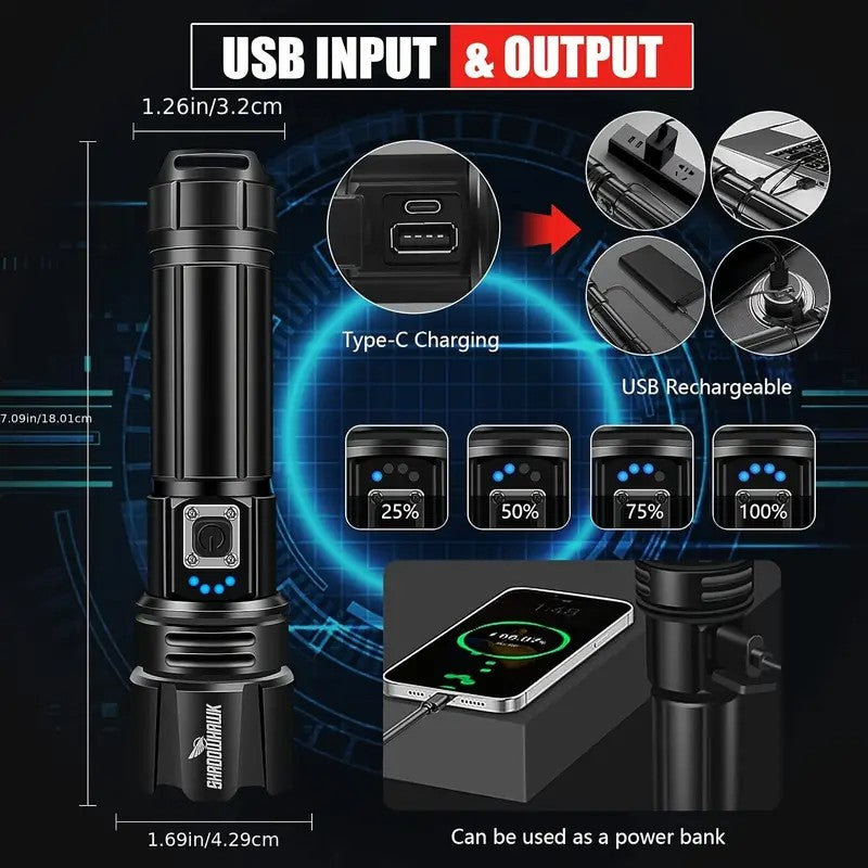 Mpow High-power flashlight with aluminum alloy housing, 5000mAh lithium battery, Type-C charging, 5-level dimming, dual-use battery and USB charging, includes a keychain light and leather case