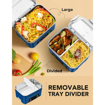 Cordless Electric Lunch Box, Heated Lunch Box Battery Powered with Automatic Scheduled Heating, 5.5 Cups Capacity, with Removable Tray Divider, Dishwasher Safe, for Hot Meals Anywhere - Dark Blue
