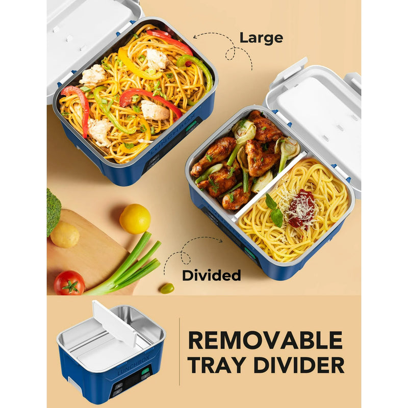 Cordless Electric Lunch Box, Heated Lunch Box Battery Powered with Automatic Scheduled Heating, 5.5 Cups Capacity, with Removable Tray Divider, Dishwasher Safe, for Hot Meals Anywhere - Dark Blue