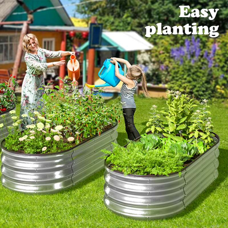 Mpow Galvanized Steel Oval Garden Bed Set, Double-Layered, 0.78mm Thick, 5-Minute Assembly, Open Base