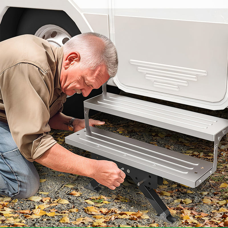 Mpow Adjustable folding step stabilizer for RVs. Anti-shake and anti-sinking. Easy installation. Upgraded stability. Enhanced support and protection for the step