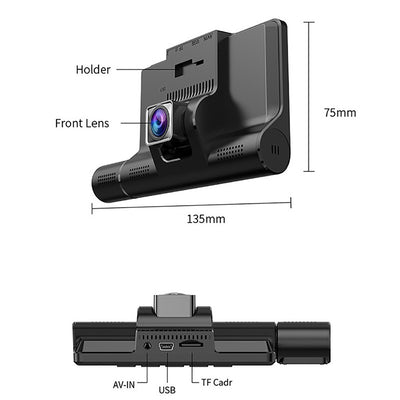 Mpow 4-inch 3-lens touchscreen dashcam with 1080P Full HD, 170° wide-angle, parking monitoring, low-light and night vision, and multiple languages