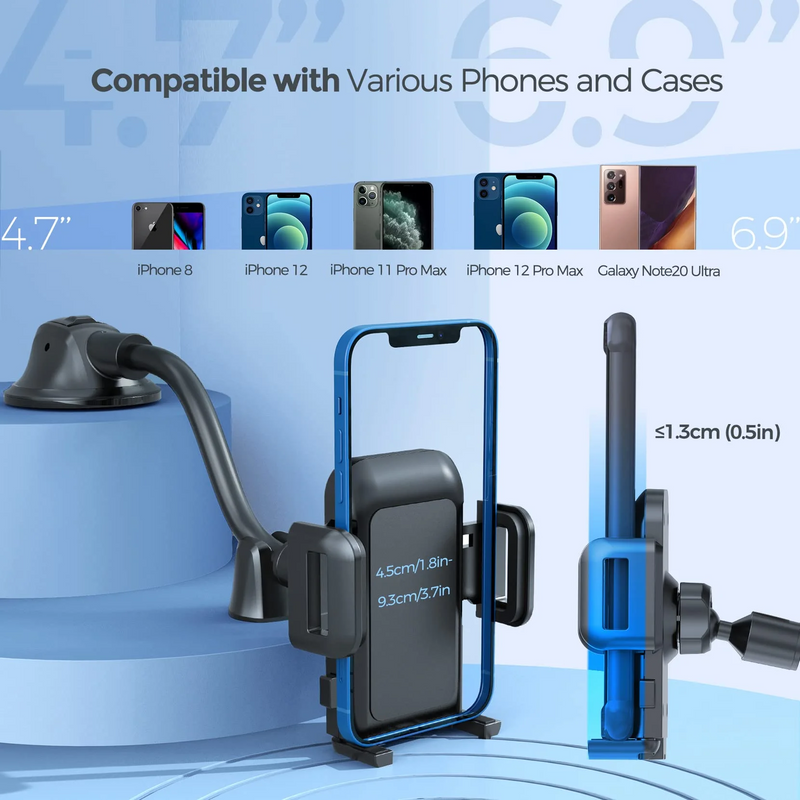 Car Phone Holder Mount, Long Arm Dashboard Windshield Phone Holder with Anti-Shake Device, Strong Suction Cup Car Mount Compatible with iPhone 14 13 12 11 Pro Max XS, Galaxy Note S22 S20 S10 and More