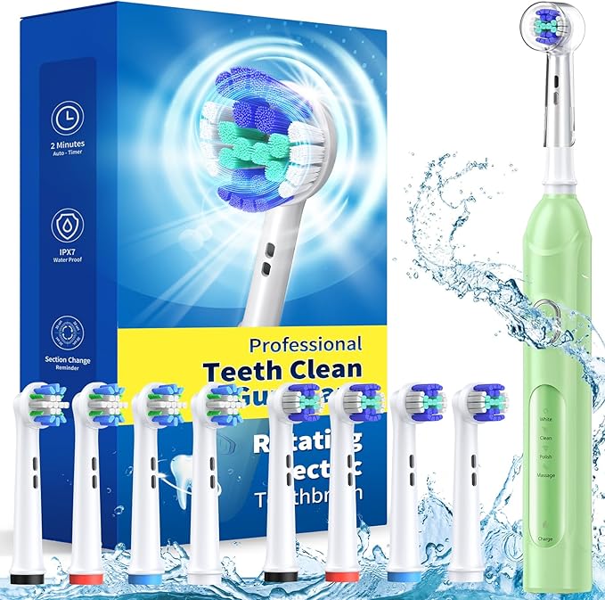 Rotating Handle Toothbrush Rotating Electric Toothbrush for Adults with 8 Brush Heads (2 Types ...