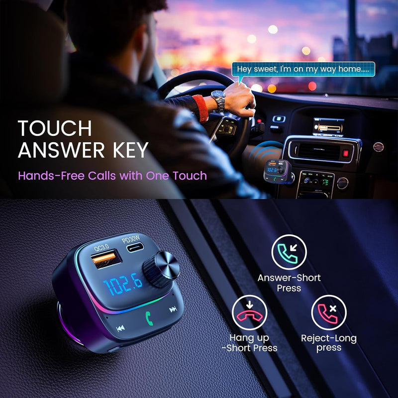 Bluetooth Car Adapter 48W PD&QC3.0 Bluetooth FM Transmitter with [Stronger Dual Mics & HiFi Deep Bass Sound]