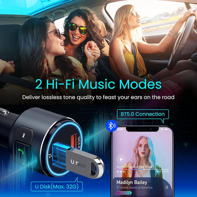 Bluetooth FM Transmitter Car, V5.0 Bluetooth Car Adapter with QC3.0 MP3 Player