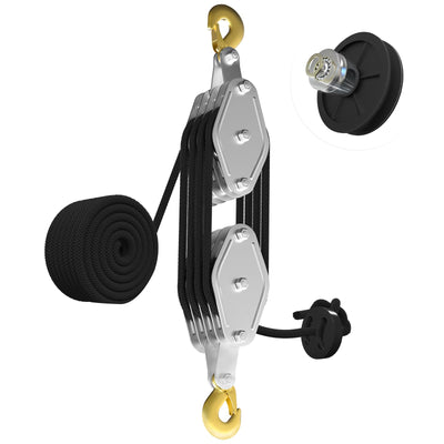Mpow Rope-saving pulley set, 4 wheels, 20 meters (black rope), 2200 lb load capacity, metal bearings, diamond-braided polypropylene rope, rust-resistant galvanized casing, versatile application