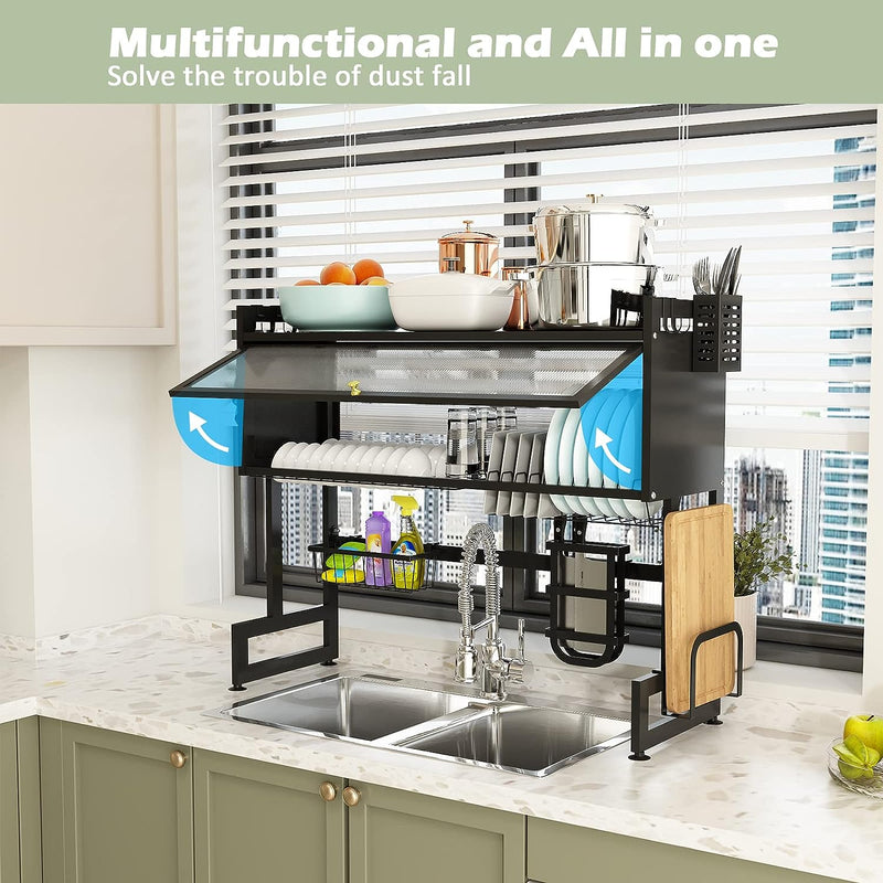 Mpow 65cm Long Drainer with Translucent Door and Complete Accessories for Kitchen Sinks: Large-Capacity Dish and Cutlery Drying Rack