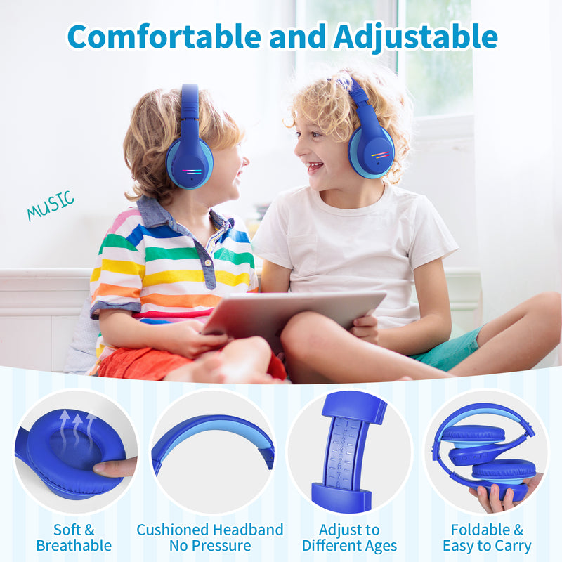 Kids Bluetooth Headphones, Colorful LED Lights Kids Headphones Wireless, 74/85/94dB Safe Volume, 90H Playtime, Fast Charging, Over Ear Toddler Headphones, Built-in Mic for School/Tablet/Airplane,Blue