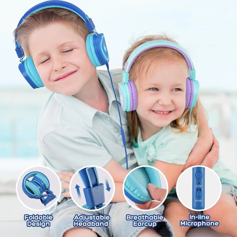 Mpow Kids Headphones with Microphone(2 Pack), Stereo Audio Share Volume Limit Foldable Adjustable Wired Headphones for Kids, Kids Headphones for School Tablet Airplane
