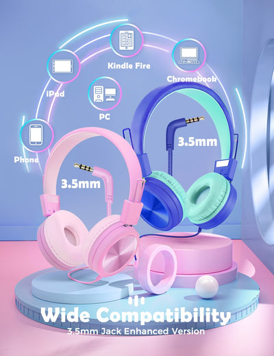 Mpow Kids Headphones with Microphone(2 Pack), Stereo Wired Headphones for Kids 91dB Volume Limited & Share Port, Foldable Adjustable Kids Headphones for School Tablet Airplane