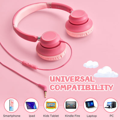 Mpow Kids Headphones with Microphone, 85/94dB Volume Limit, Foldable Over-Ear Stereo Headphones for for Girls & Toddlers, Pink