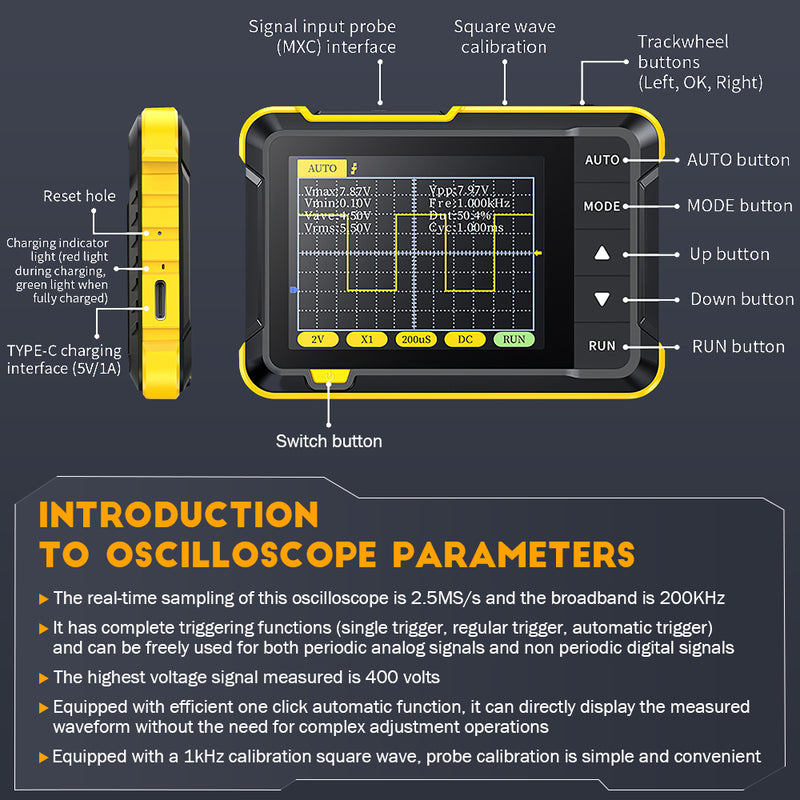 Mpow Compact Oscilloscope with 2.5MS/s Sampling Rate, 200K Bandwidth, 2.8-inch Screen, 1000mAh Battery, Type-C Charging (Probe/Data Cable Included)