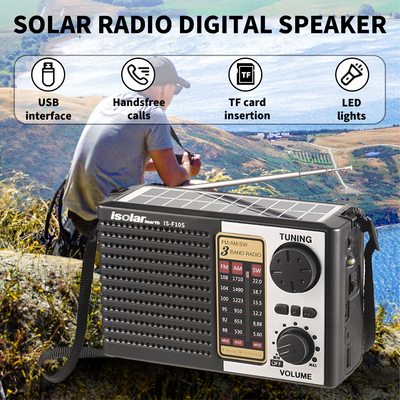 Mpow Multi-band radio with solar charging and lithium battery, Bluetooth speaker, and 3-inch speaker. A portable outdoor radio