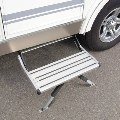 Mpow Adjustable folding step stabilizer for RVs. Anti-shake and anti-sinking. Easy installation. Upgraded stability. Enhanced support and protection for the step