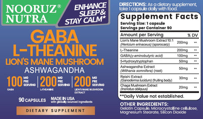 NOORUZ Extract Organic Lion's Mane Mushroom with GABA & Ashwagandha & L-Theanine - for Sleep & Memory & Relaxation - Mushroom for Focus -Capsules