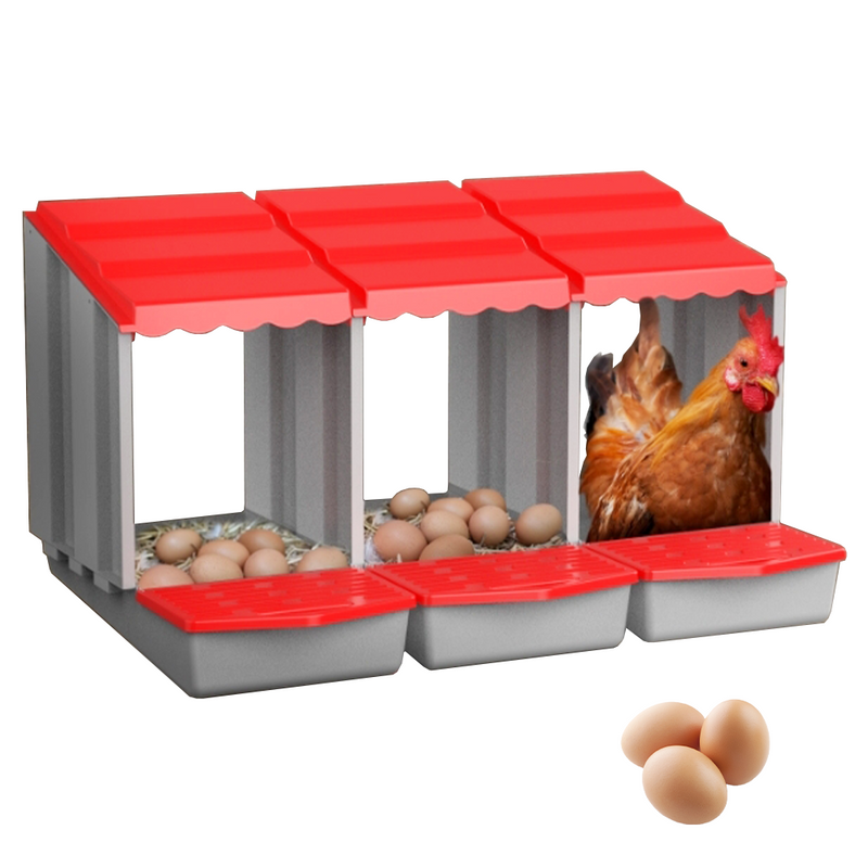 Mpow One-piece chicken nest, available in one or three sets, with automatic egg collection. Made of galvanized steel, easy to assemble, comfortable and safe for hens to lay eggs.