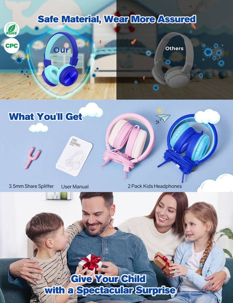 Mpow Kids Headphones with Microphone(2 Pack), Stereo Wired Headphones for Kids 91dB Volume Limited & Share Port, Foldable Adjustable Kids Headphones for School Tablet Airplane