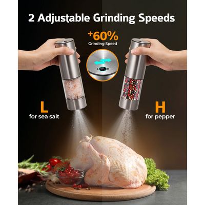 Electric Salt and Pepper Grinder Set, 6 Levels of Adjustable Coarseness, 95ml Auto Pepper Mill Grinder with 2*USB-C Charging Cable, 2 Grinding Speeds, LED White Light, for Kitchen & Outdoor, 2Pack