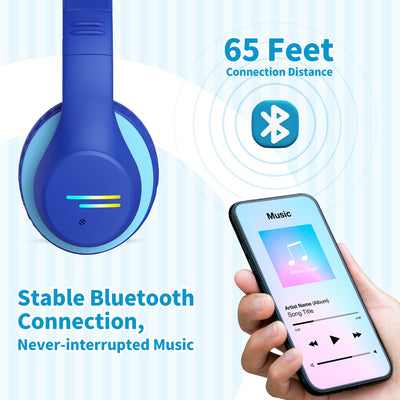 Kids Bluetooth Headphones, Colorful LED Lights Kids Headphones Wireless, 74/85/94dB Safe Volume, 90H Playtime, Fast Charging, Over Ear Toddler Headphones, Built-in Mic for School/Tablet/Airplane,Blue