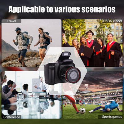 Mpow 16-megapixel camera with 16x digital zoom, 2.4-inch screen, 32GB memory card included, and multi-language support