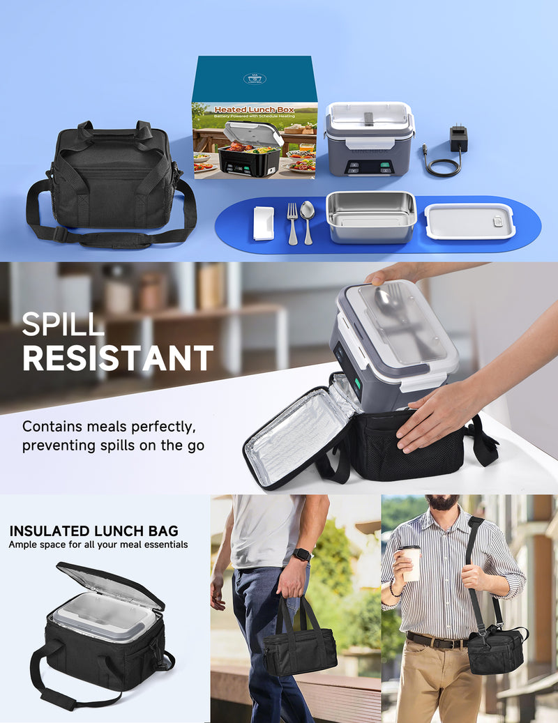 Cordless Electric Lunch Box, Heated Lunch Box Battery Powered with Automatic Scheduled Heating, 5.5 Cups Capacity, with Removable Tray Divider, Dishwasher Safe, for Hot Meals Anywhere