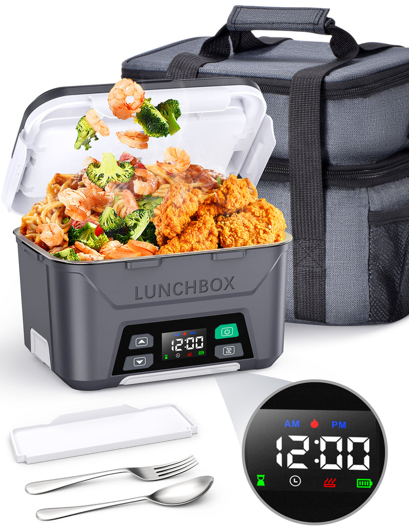 Cordless Electric Lunch Box, Heated Lunch Box Battery Powered with Automatic Scheduled Heating, 5.5 Cups Capacity, with Removable Tray Divider, Dishwasher Safe, for Hot Meals Anywhere