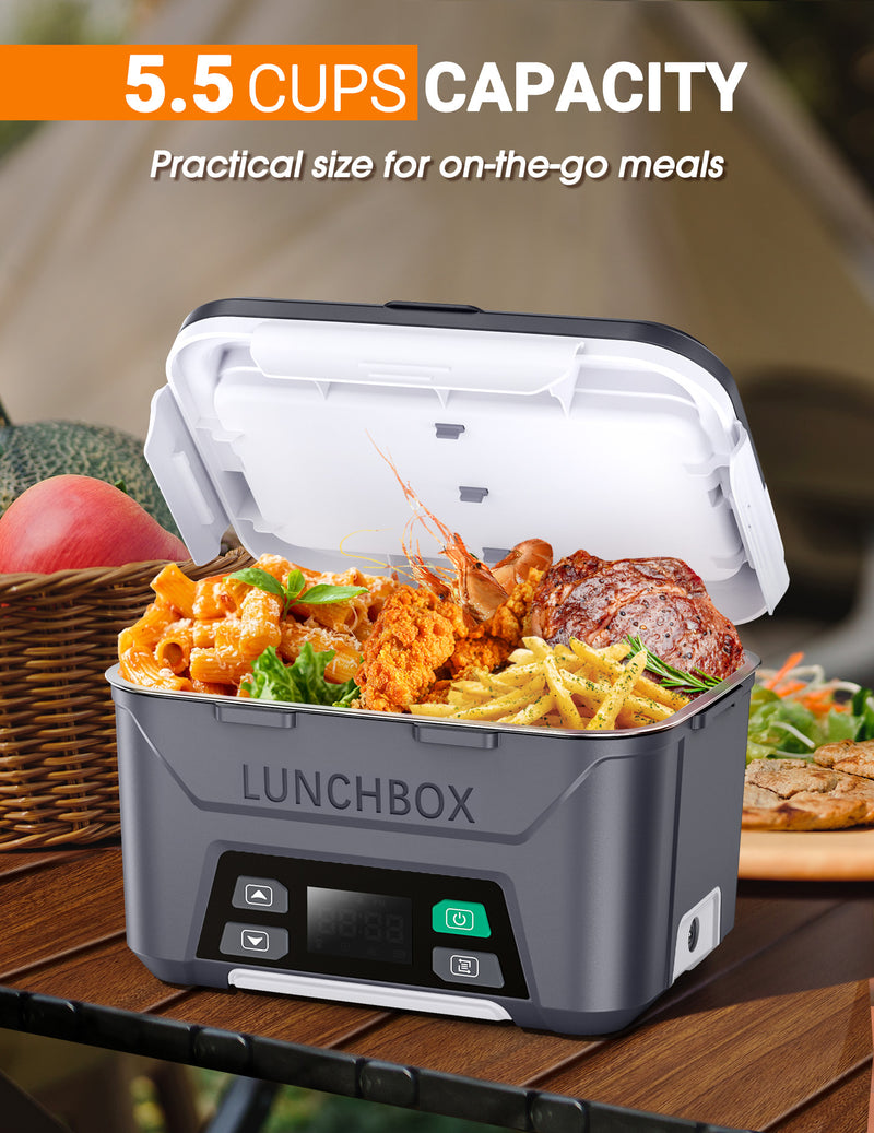 Cordless Electric Lunch Box, Heated Lunch Box Battery Powered with Automatic Scheduled Heating, 5.5 Cups Capacity, with Removable Tray Divider, Dishwasher Safe, for Hot Meals Anywhere