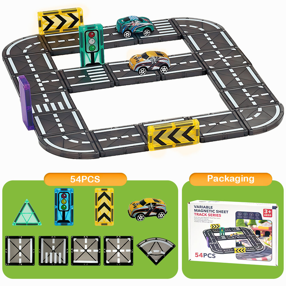 ,POW DIY 5.5CM Track Car Compatible Magnetic Building Blocks 54pcs, Mixed Color ABS Magnetic Track & Marble Run Set, Vehicle & Construction Theme STEM Toy for Boys Girls