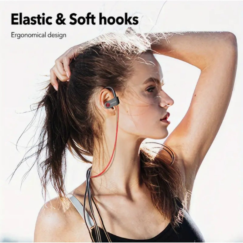 Mpow Bluetooth 5.3 Neckband Sports Earphones with Red and Black Cable Design, Glue-bonded Design, Button Controls, and 12-hour Battery Life