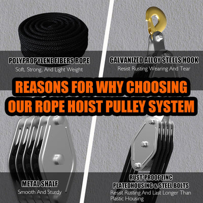 Mpow Rope-saving pulley set, 4 wheels, 20 meters (black rope), 2200 lb load capacity, metal bearings, diamond-braided polypropylene rope, rust-resistant galvanized casing, versatile application